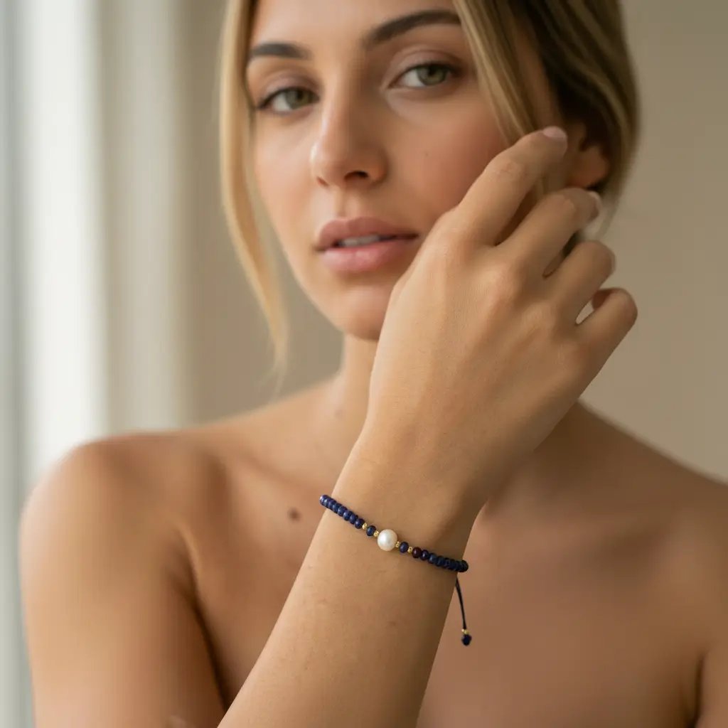 Bracelet artisanal avec perle baroque, pierres rouges et noires