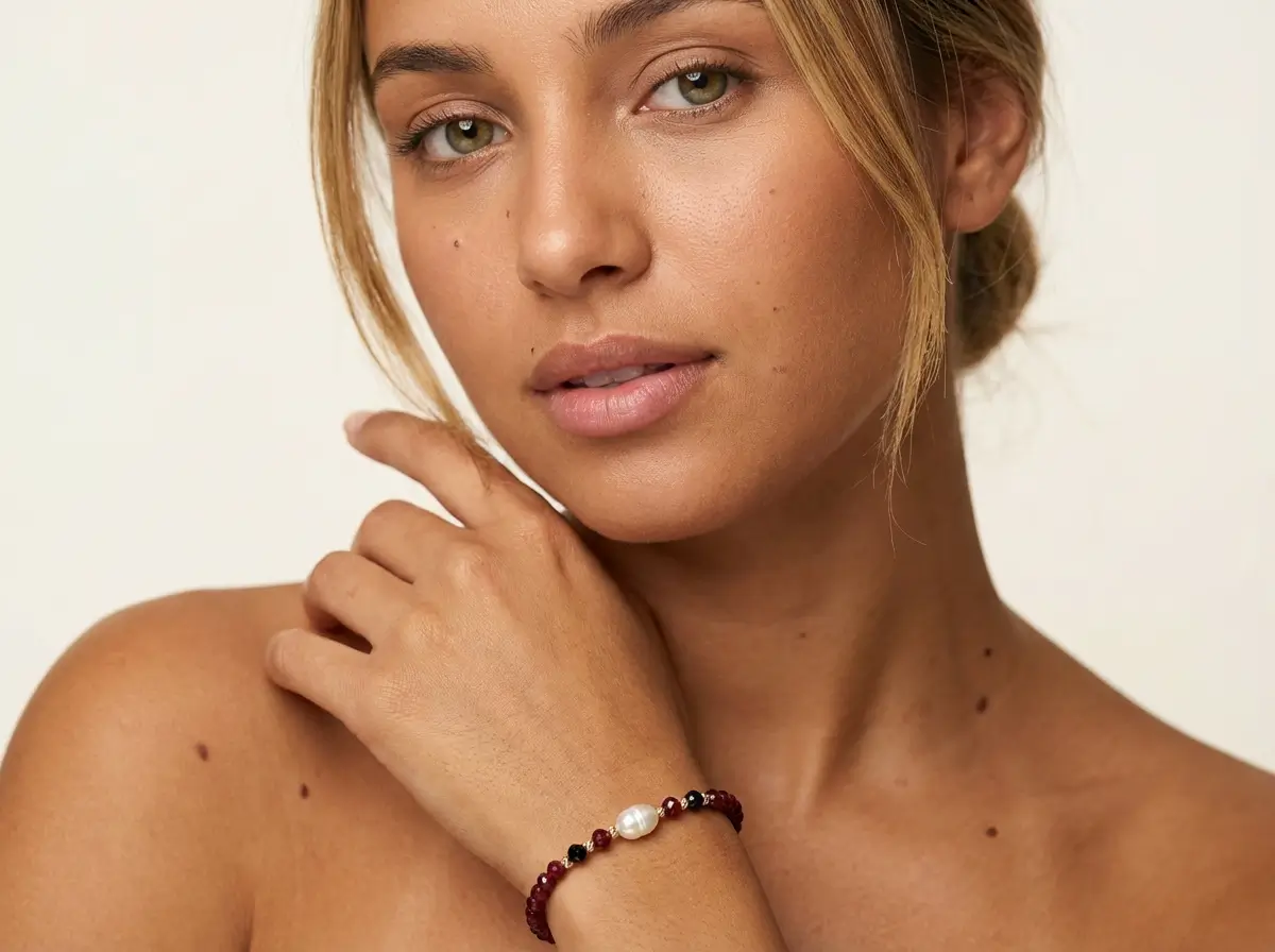 Bracelet en perles "Jouher" avec émeraude synthétique, pierre rouge et Or 18K | سوار من لؤلؤ الجوهر الحر مع الزمرد وحجر أحمر وذهب عيار 18