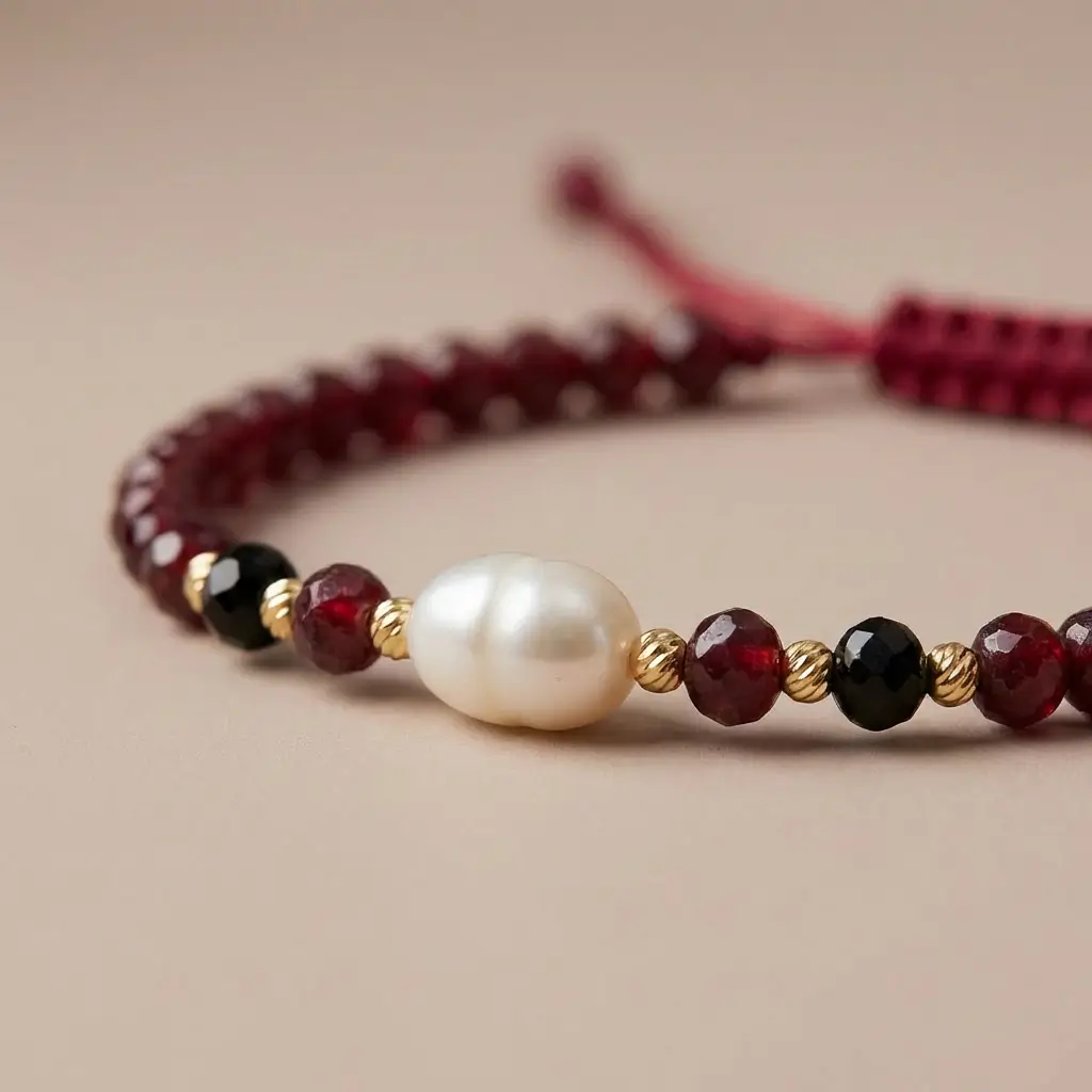 Bracelet en perles "Jouher" avec émeraude synthétique, pierre rouge et Or 18K | سوار من لؤلؤ الجوهر الحر مع الزمرد وحجر أحمر وذهب عيار 18