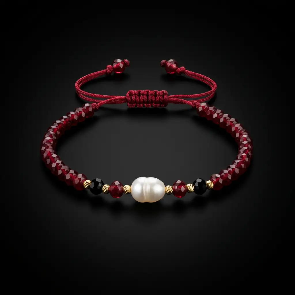 Bracelet en perles "Jouher" avec émeraude synthétique, pierre rouge et Or 18K | سوار من لؤلؤ الجوهر الحر مع الزمرد وحجر أحمر وذهب عيار 18
