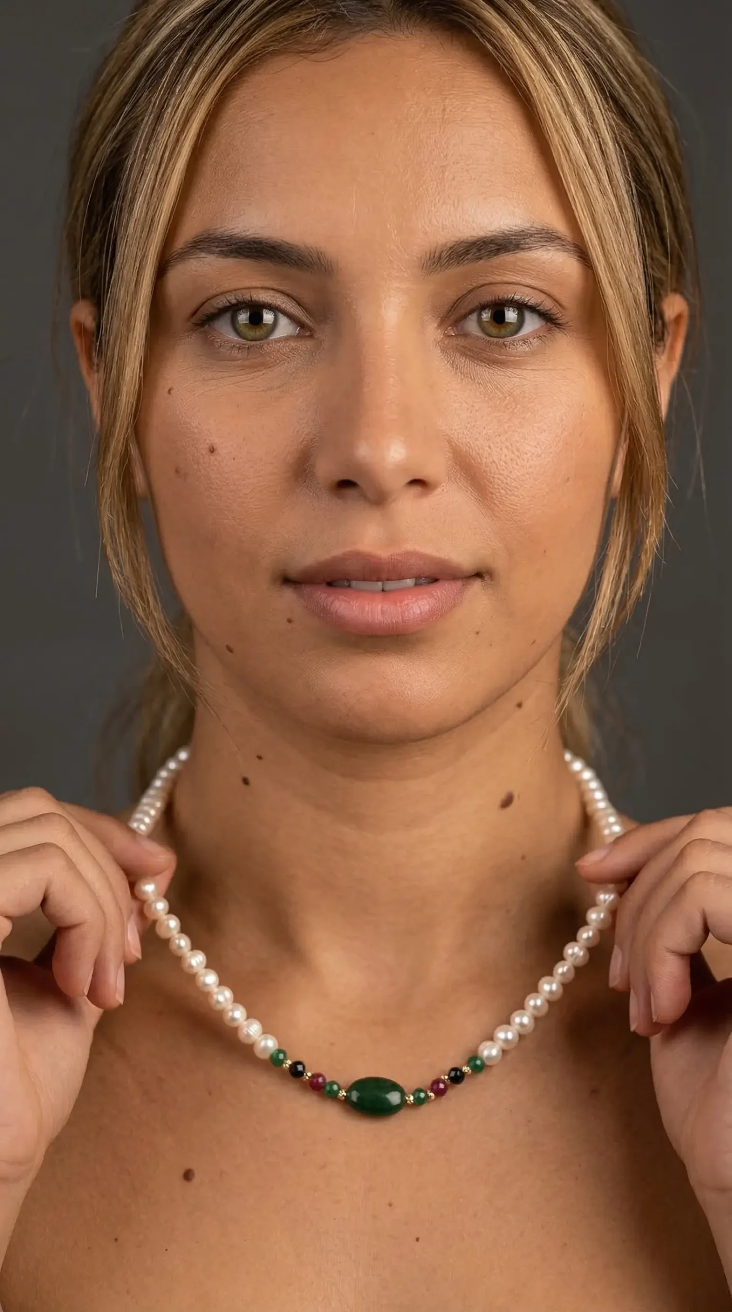 Collier perles d'eau douce naturelles جوهر حر avec boules Or 18K et émeraudes synthétiques premium – Orjouane.com Maroc