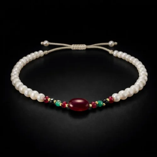 Collier perles d'eau douce naturelles جوهر حر, boules Or 18K, rubis et émeraudes synthétiques – Collection Sultana – Orjouane.com Maroc