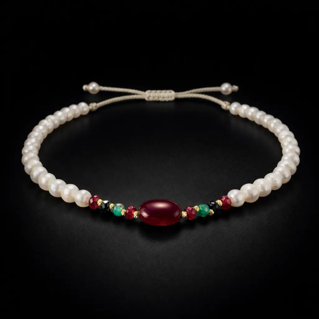 Collier perles d'eau douce naturelles جوهر حر, boules Or 18K, rubis et émeraudes synthétiques – Collection Sultana – Orjouane.com Maroc