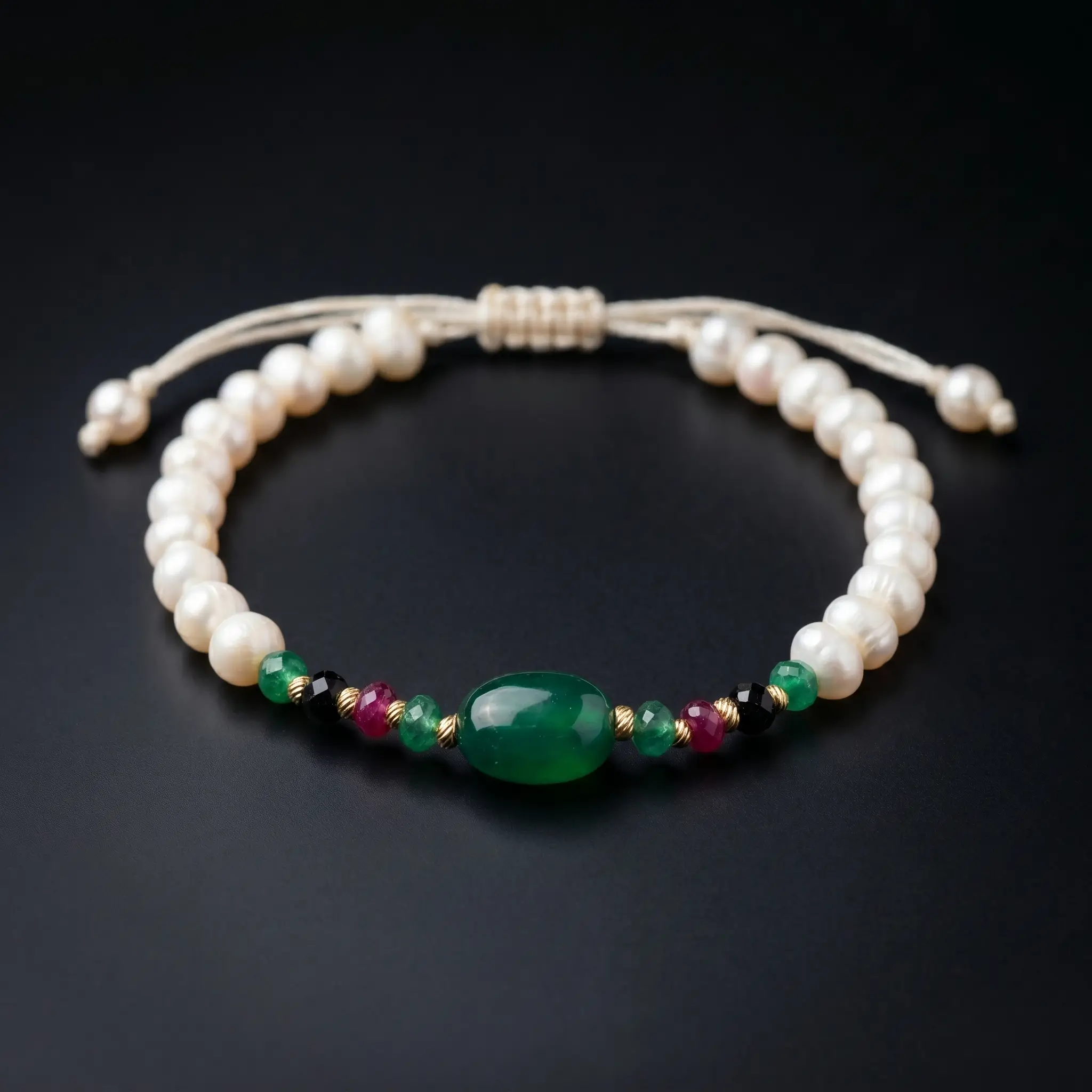 Bracelet ajustable sur cordon blanc avec perles d'eau douce جوهر حر, pierres multicolores, boules en or 18k et pierre centrale verte au Maroc.