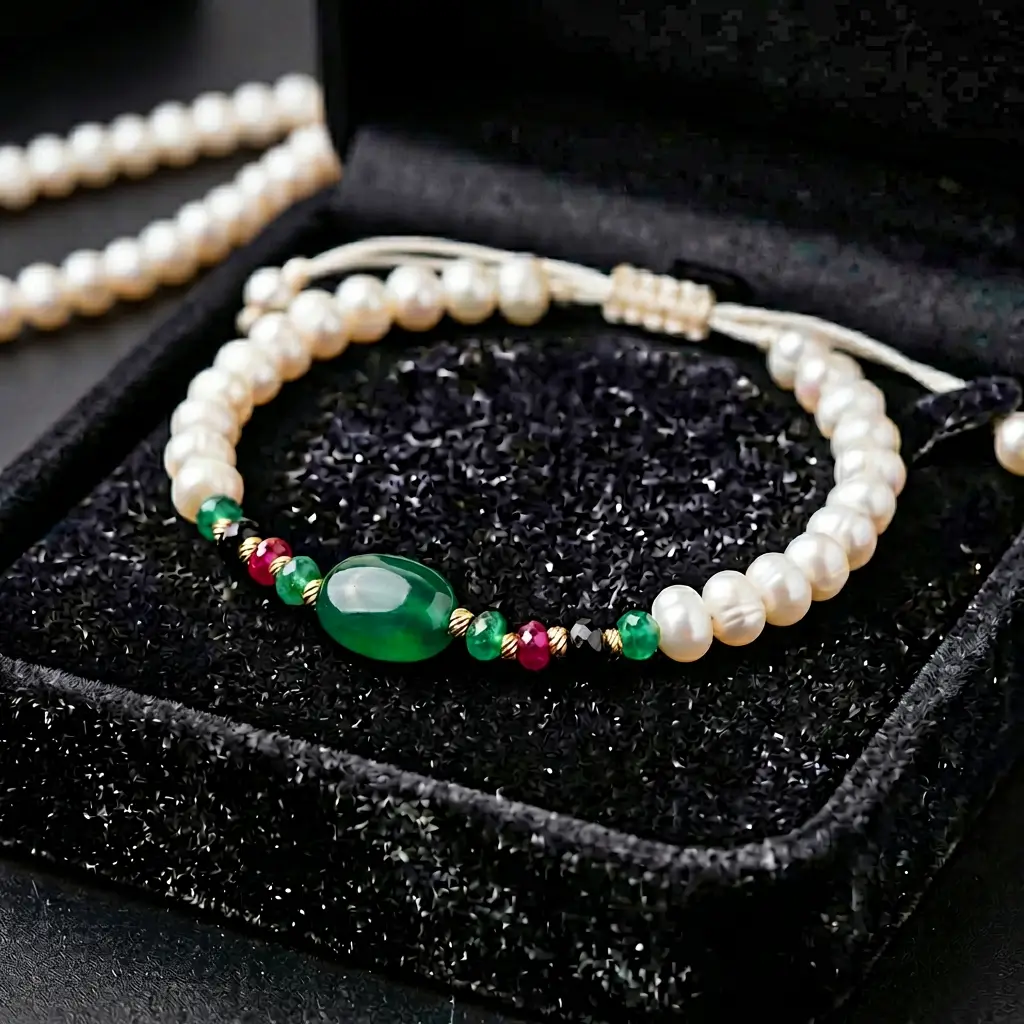 Bracelet ajustable sur cordon blanc avec perles d'eau douce جوهر حر, pierres multicolores, boules en or 18k et pierre centrale verte au Maroc.
