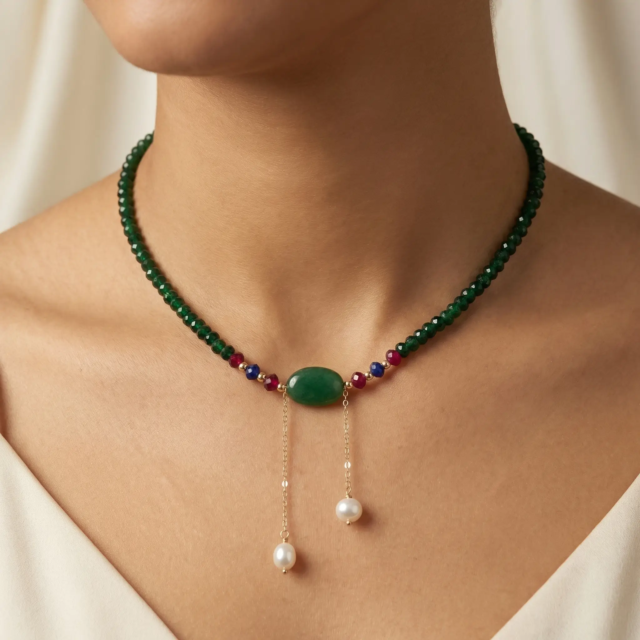 Collier élégant en perles d'émeraude synthétique vertes avec fermoir en macramé ajustable, détails en or 18 carats et deux perles de culture pendantes sur fond noir.