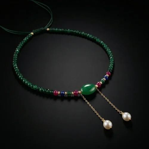 Collier élégant en perles d'émeraude synthétique vertes avec fermoir en macramé ajustable, détails en or 18 carats et deux perles de culture pendantes sur fond noir.