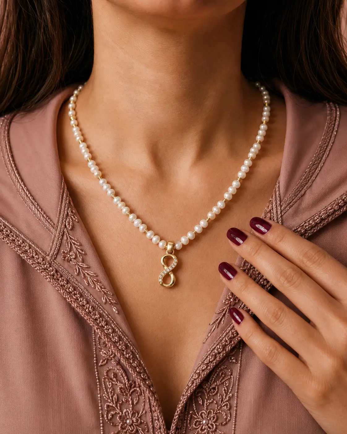 Collier perles d'eau douce جوهر حر, pendentif infini en acier inoxydable et détails en plaqué or, ajustable au Maroc.
