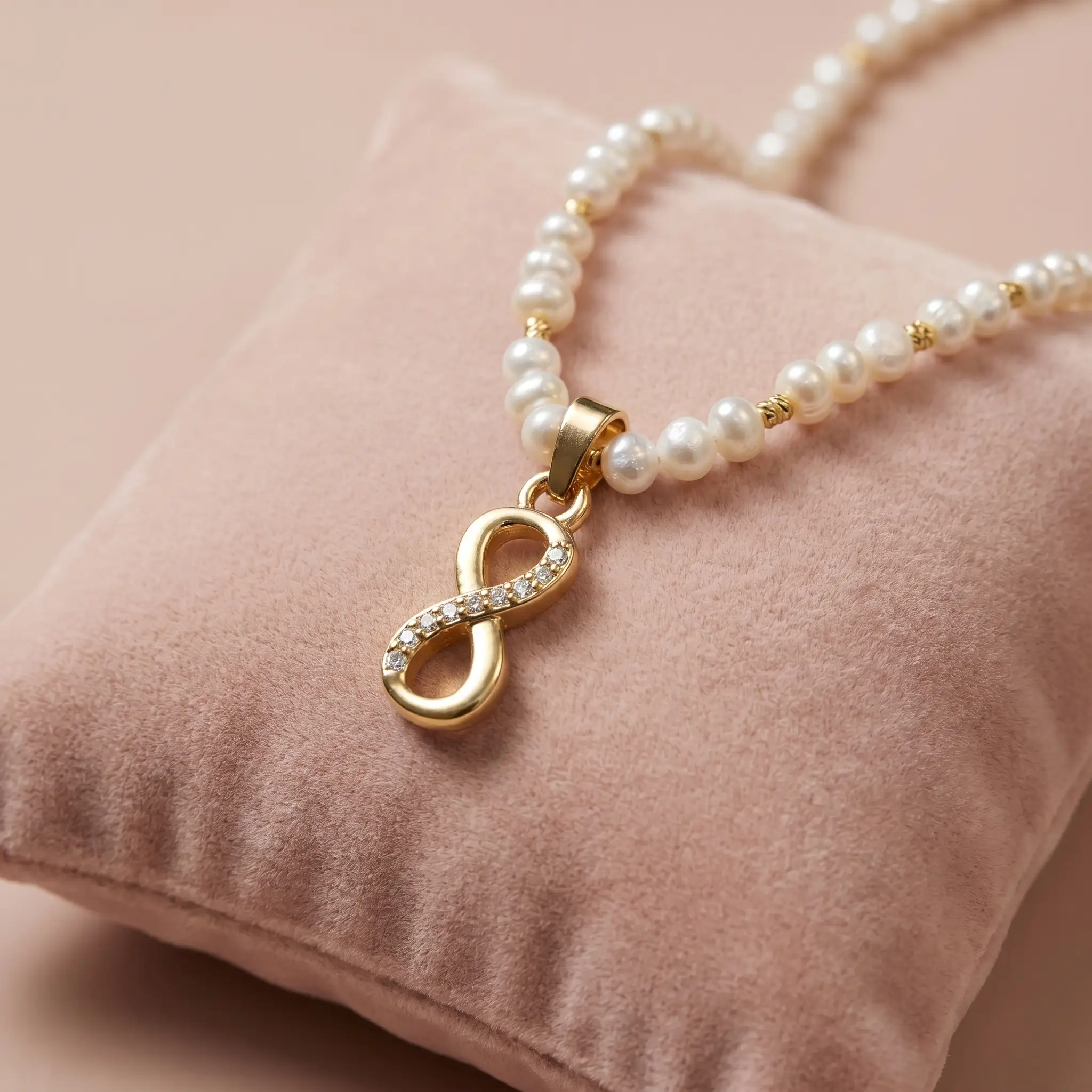 Collier perles d'eau douce جوهر حر, pendentif infini en acier inoxydable et détails en plaqué or, ajustable au Maroc.