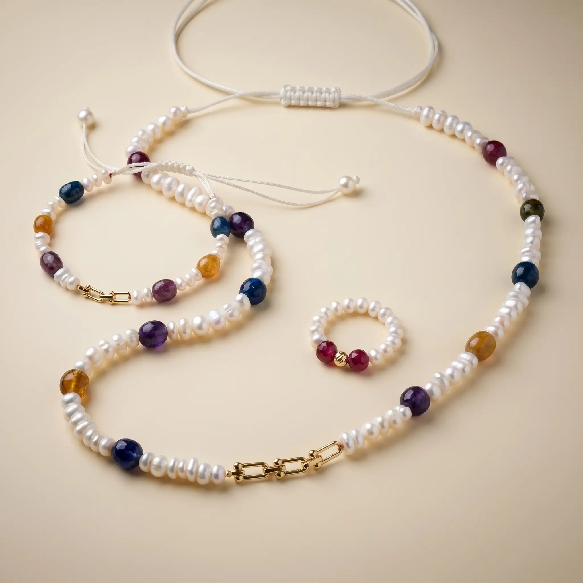 Ensemble de bijoux de luxe comprenant un collier, un bracelet ajustable et une bague assortie en perles d'eau douce, pierres de tourmaline et détails en or 18 carats sur fond noir.