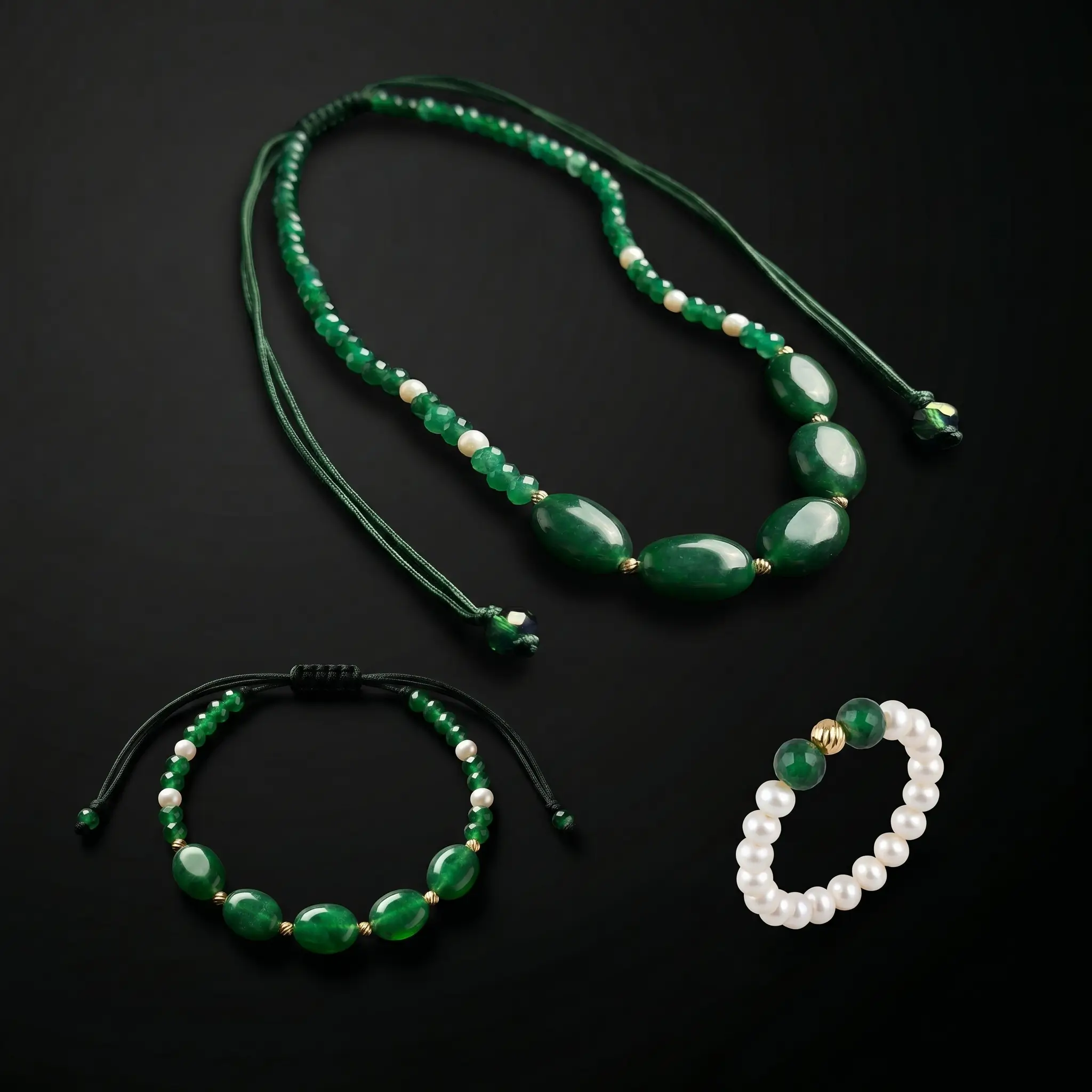 Ensemble collier et bracelet en émeraude synthétique, perles d'eau douce جوهر حر et or 18K avec bague offerte au Maroc.