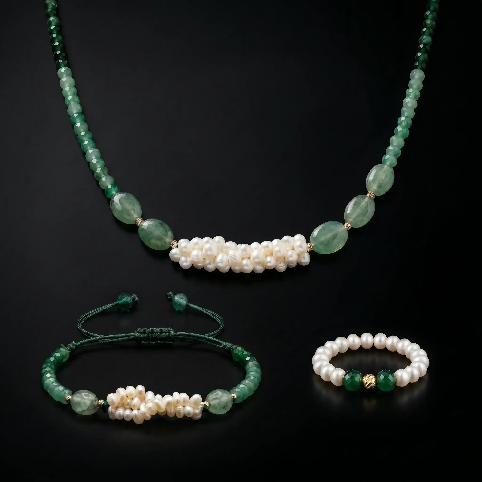 Ensemble collier et bracelet torsadé en perles d'eau douce جوهر حر, pierres vertes, détails or 18k et bague offerte au Maroc.