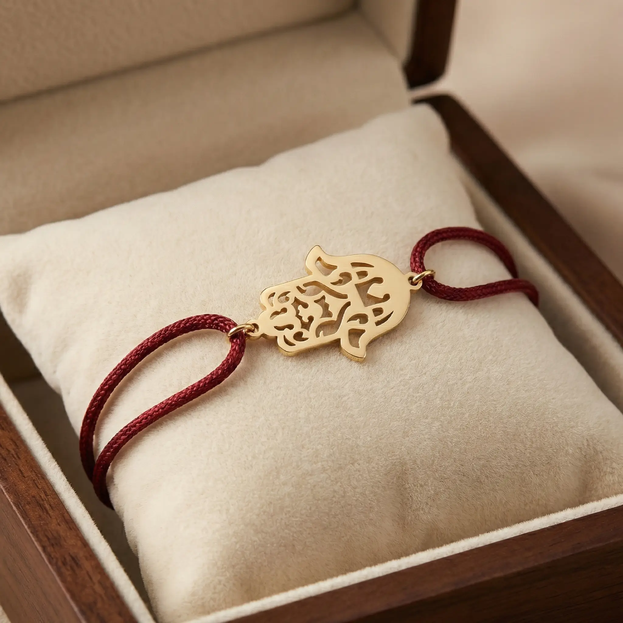 Bracelet porte-bonheur en cordon rouge ajustable avec un pendentif central en forme de Khamsa (Main de Fatma) finement découpé en Or 18 carats sur un fond noir luxueux.