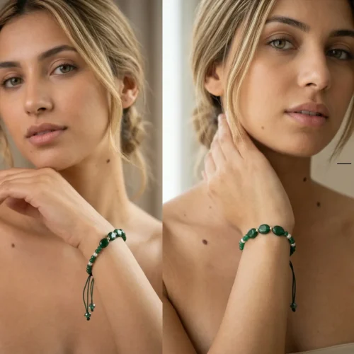 Bracelet luxueux ajustable en macramé noir, orné de pierres d'émeraude synthétique vertes, de perles d'eau douce blanches et de boules en or 18 carats, élégamment présenté dans un écrin en velours noir.