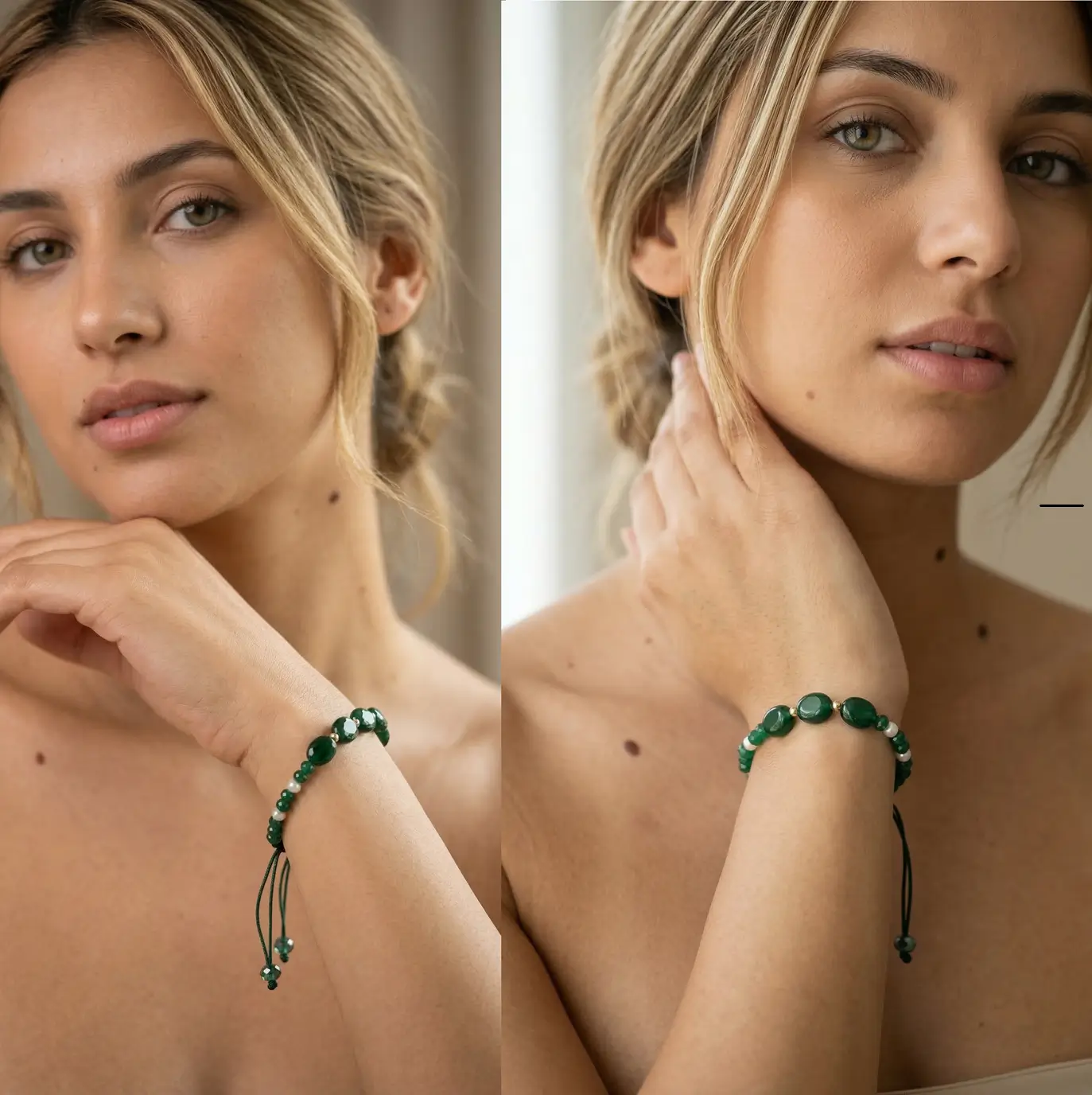 Bracelet luxueux ajustable en macramé noir, orné de pierres d'émeraude synthétique vertes, de perles d'eau douce blanches et de boules en or 18 carats, élégamment présenté dans un écrin en velours noir.