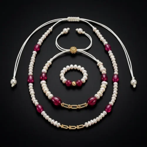 Collier et bracelet en or 18k avec perles d'eau douce جوهر حر et pierres de tourmaline rose, bague offerte Maroc.