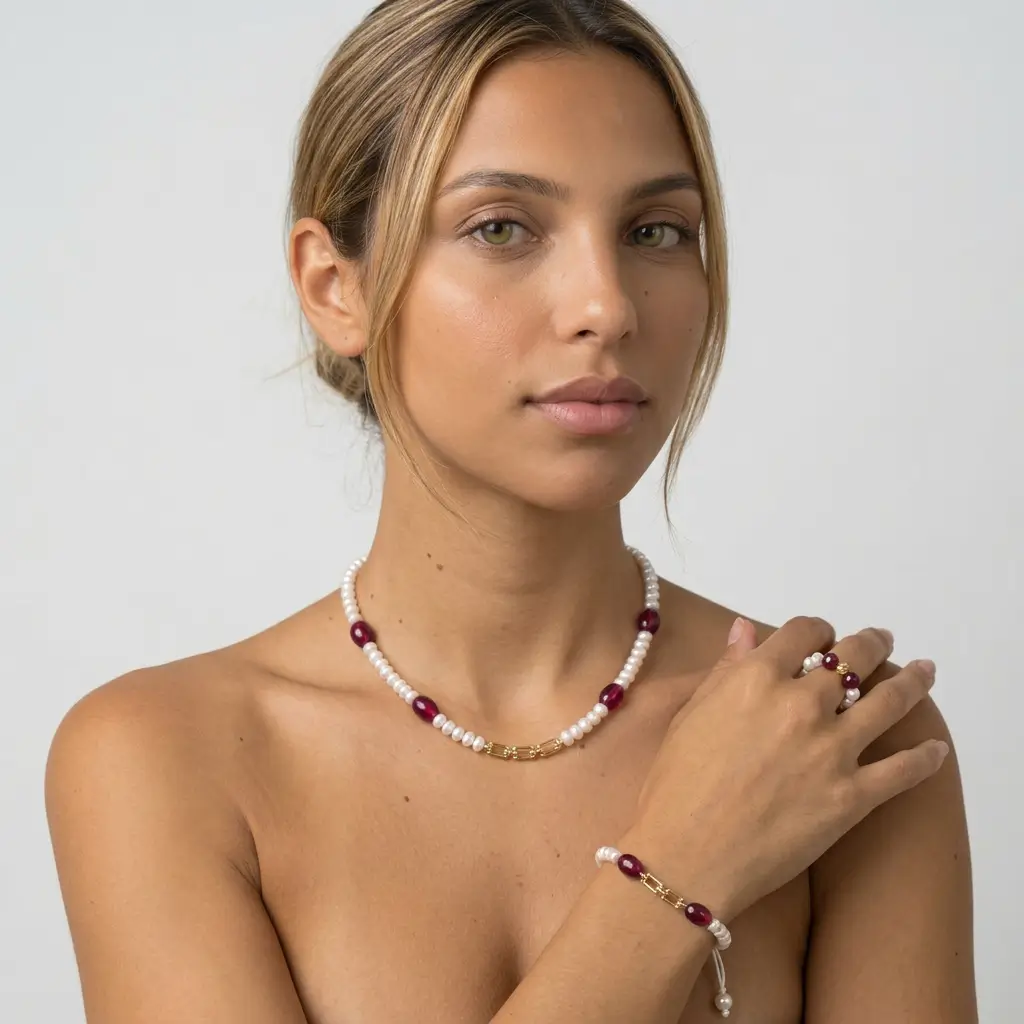 Collier et bracelet en or 18k avec perles d'eau douce جوهر حر et pierres de tourmaline rose, bague offerte Maroc.