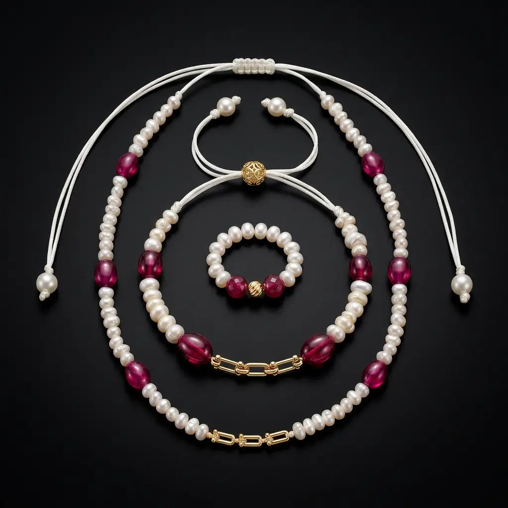 Collier et bracelet en or 18k avec perles d'eau douce جوهر حر et pierres de tourmaline rose, bague offerte Maroc.