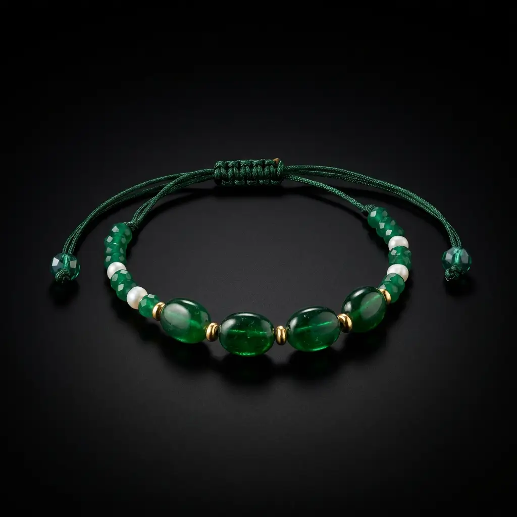 Bracelet luxueux ajustable en macramé noir, orné de pierres d'émeraude synthétique vertes, de perles d'eau douce blanches et de boules en or 18 carats, élégamment présenté dans un écrin en velours noir.