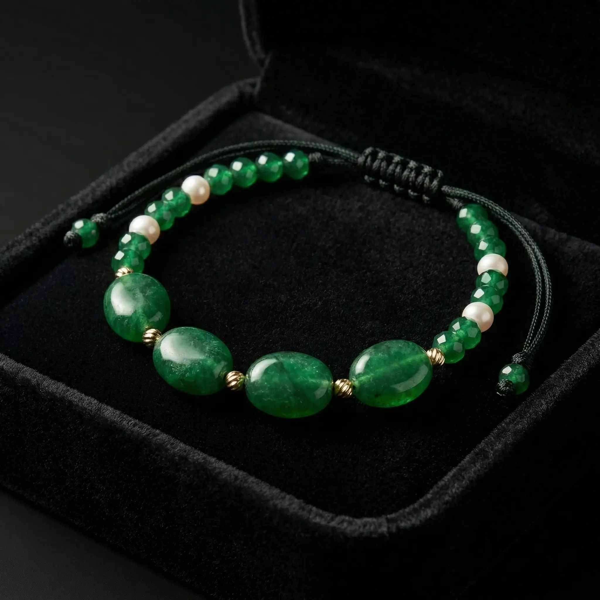 Bracelet luxueux ajustable en macramé noir, orné de pierres d'émeraude synthétique vertes, de perles d'eau douce blanches et de boules en or 18 carats, élégamment présenté dans un écrin en velours noir.