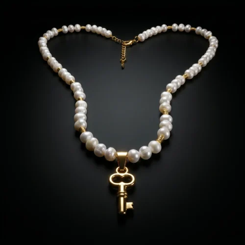 Collier avec pendentif clé en acier inoxydable, perles d'eau douce جوهر حر et détails en plaqué or, ajustable de 5cm, inspiré de l'histoire du Maroc.