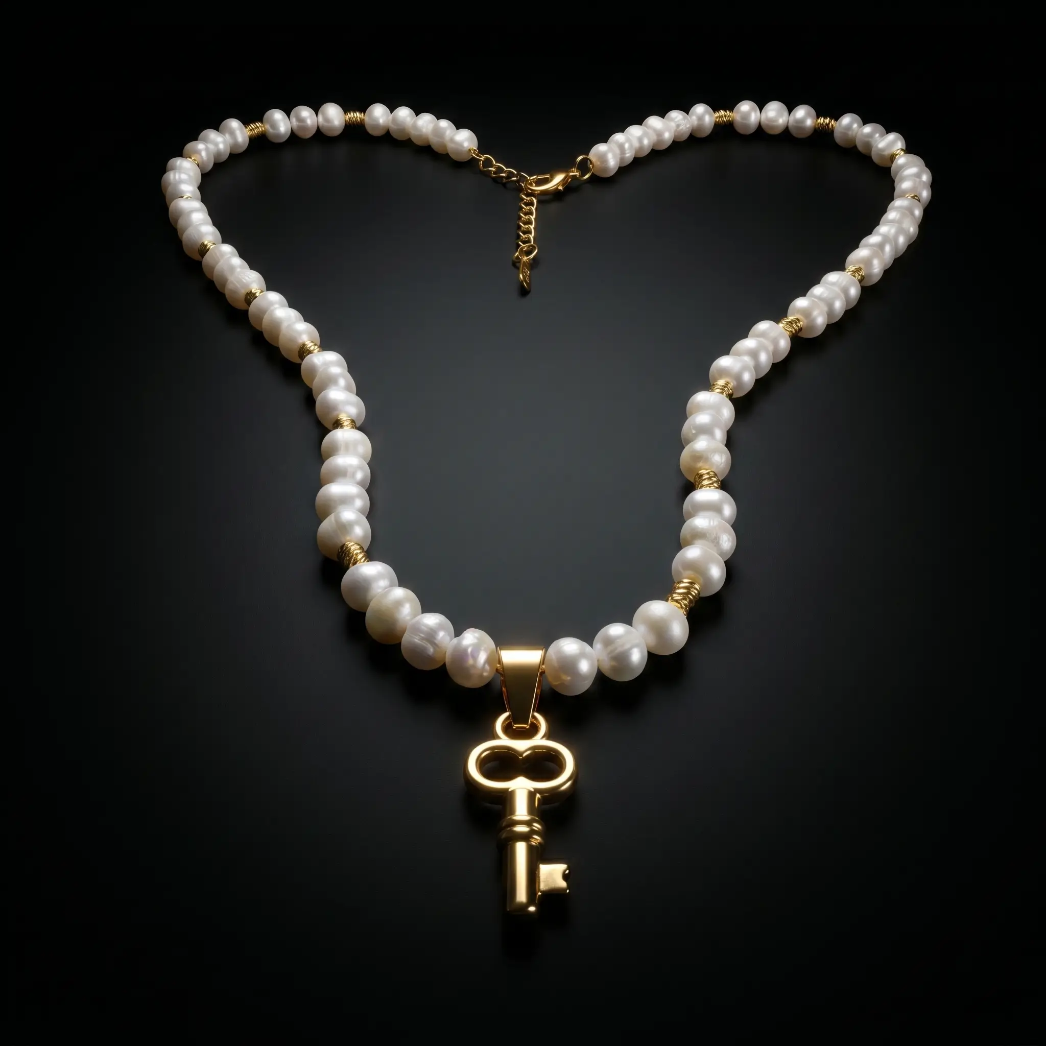 Collier avec pendentif clé en acier inoxydable, perles d'eau douce جوهر حر et détails en plaqué or, ajustable de 5cm, inspiré de l'histoire du Maroc.