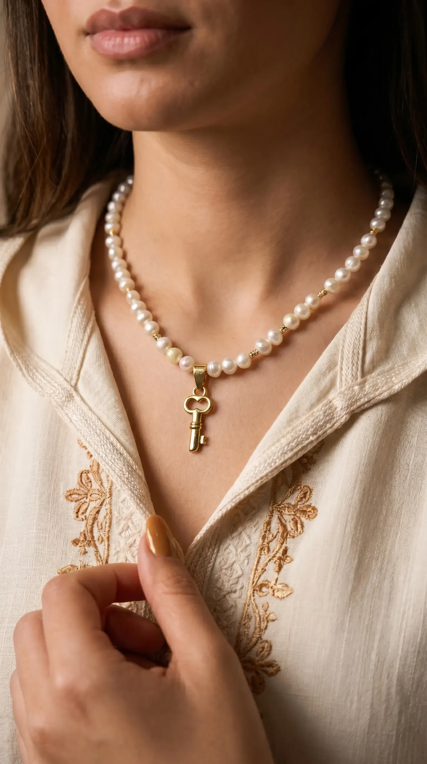 Collier avec pendentif clé en acier inoxydable, perles d'eau douce جوهر حر et détails en plaqué or, ajustable de 5cm, inspiré de l'histoire du Maroc.