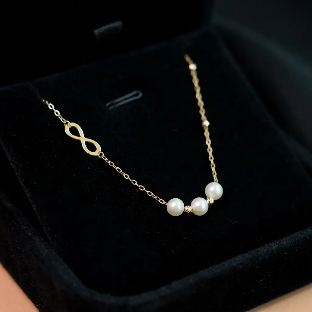 Collier en or 18k avec symbole infini et perles d'eau douce جوهر حر dans son écrin au Maroc.