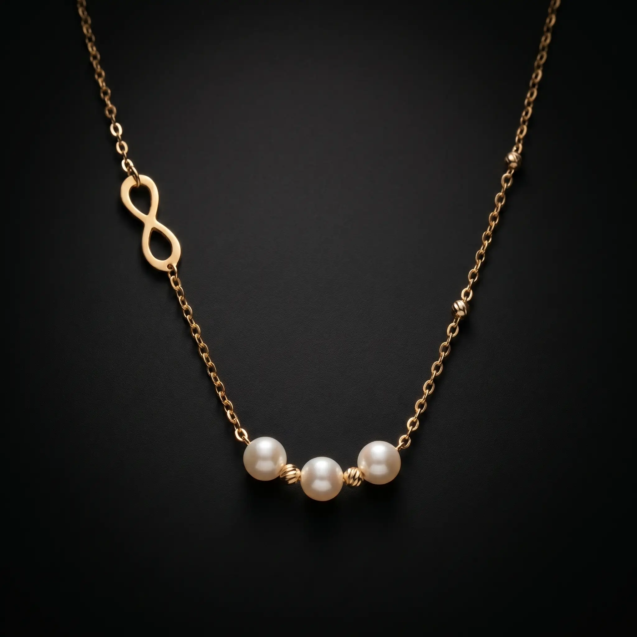 Collier en or 18k avec symbole infini et perles d'eau douce جوهر حر dans son écrin au Maroc.