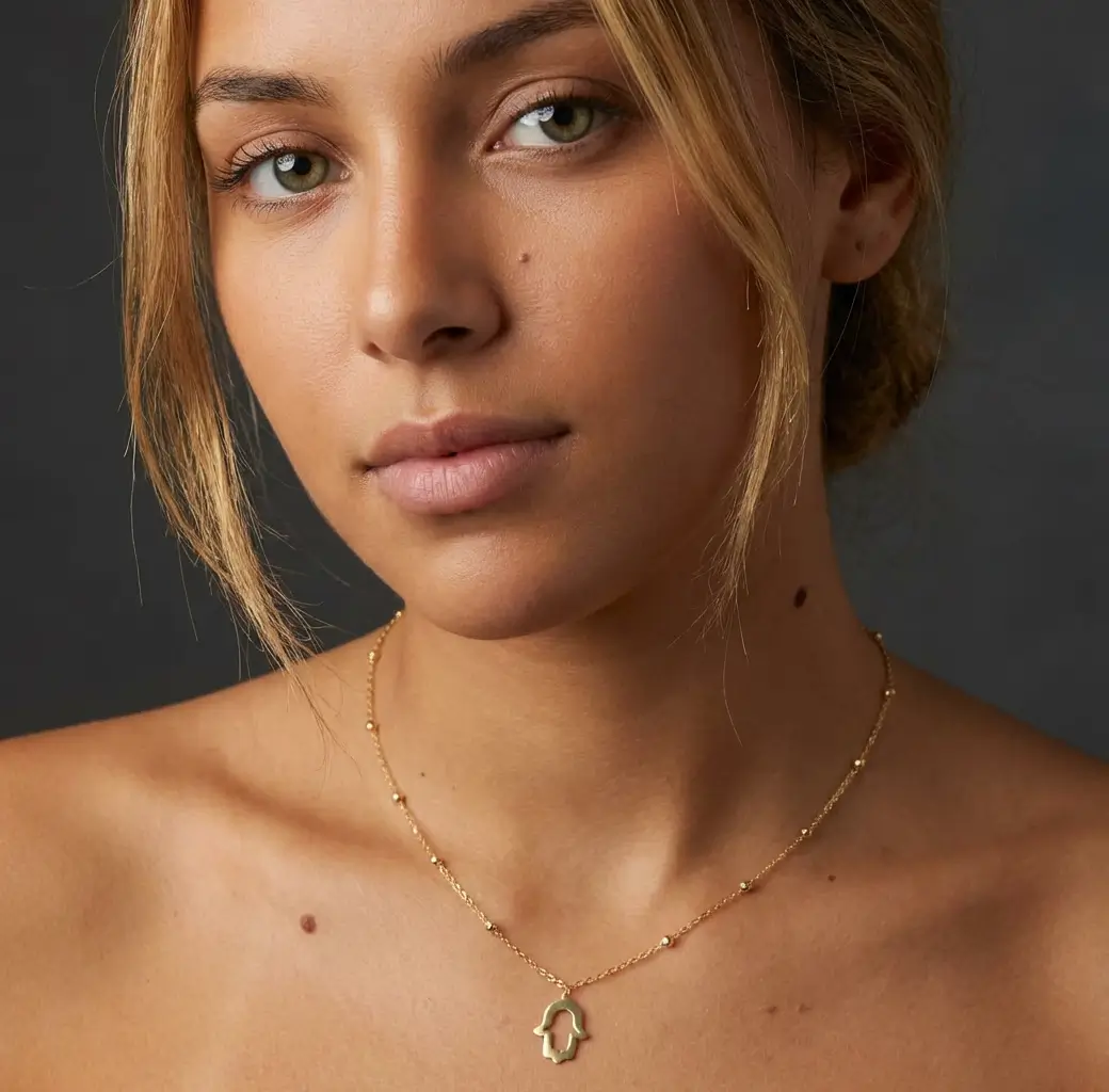 Collier en or massif 18k pendentif Khmissa main de Fatma avec chaîne perlée au Maroc.