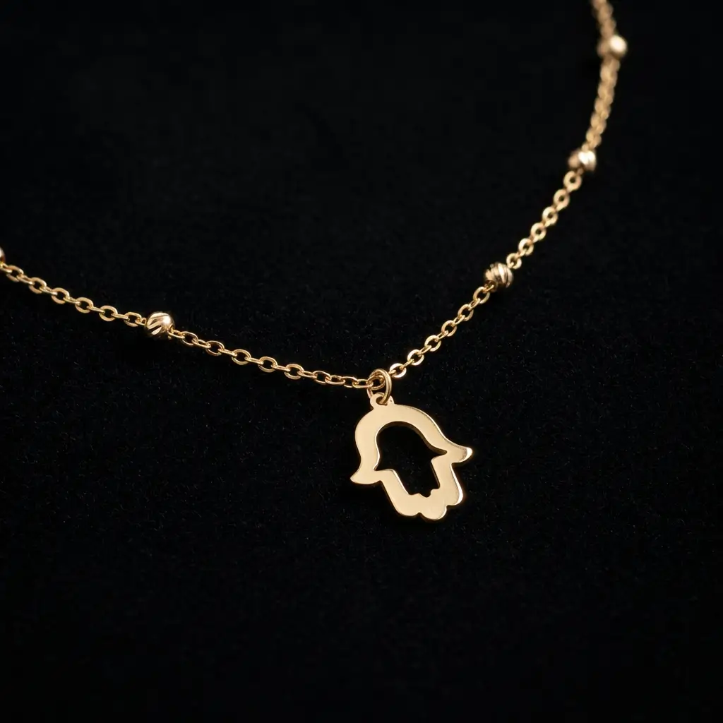 Collier en or massif 18k pendentif Khmissa main de Fatma avec chaîne perlée au Maroc.