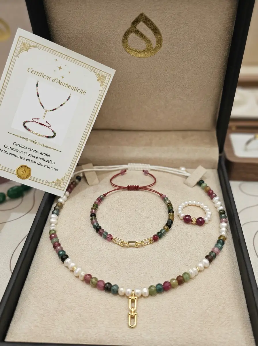 Ensemble collier et bracelet en or 18k avec perles d'eau douce جوهر حر, tourmaline et émeraude, bague offerte au Maroc.