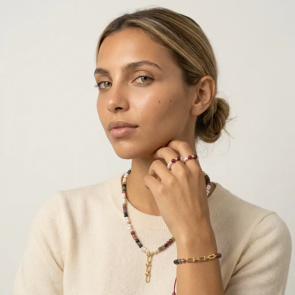 Ensemble collier et bracelet en or 18k avec perles d'eau douce جوهر حر, tourmaline et émeraude, bague offerte au Maroc.