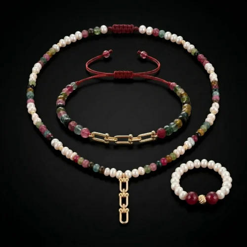 Ensemble collier et bracelet en or 18k avec perles d'eau douce جوهر حر, tourmaline et émeraude, bague offerte au Maroc.