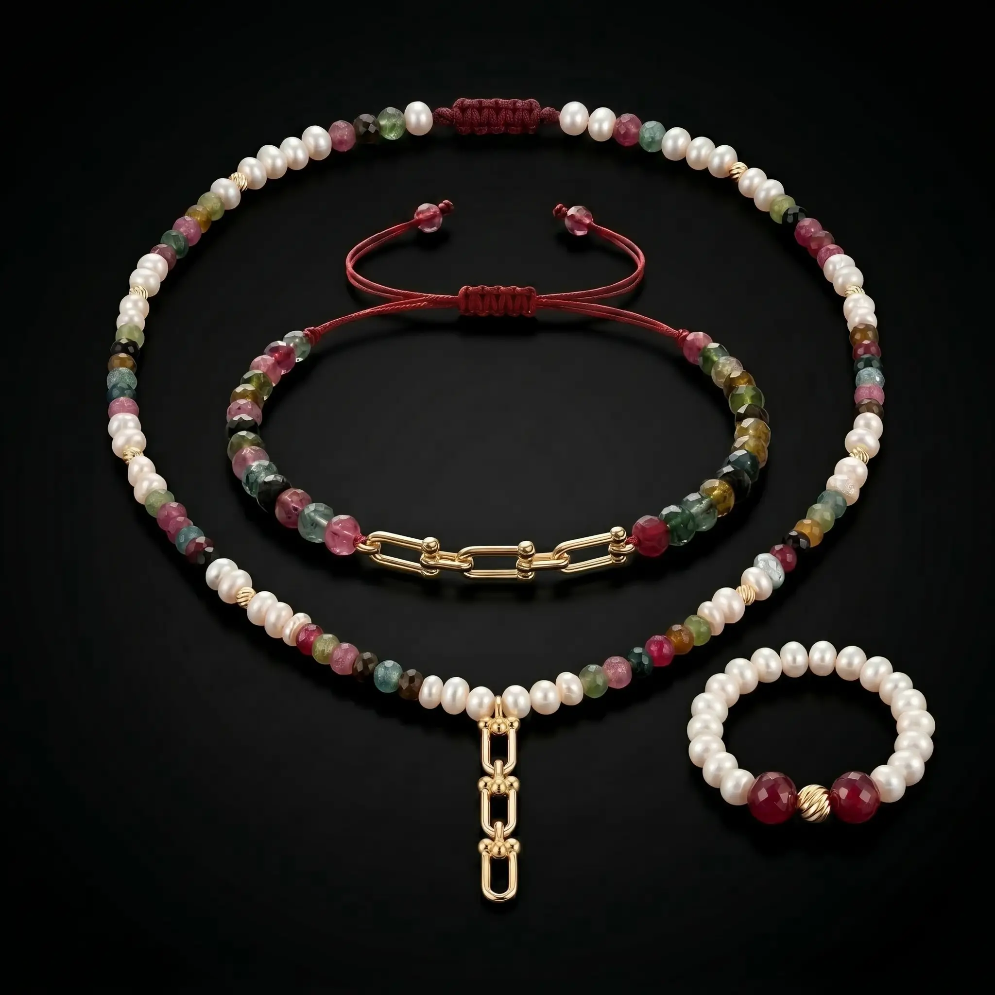 Ensemble collier et bracelet en or 18k avec perles d'eau douce جوهر حر, tourmaline et émeraude, bague offerte au Maroc.
