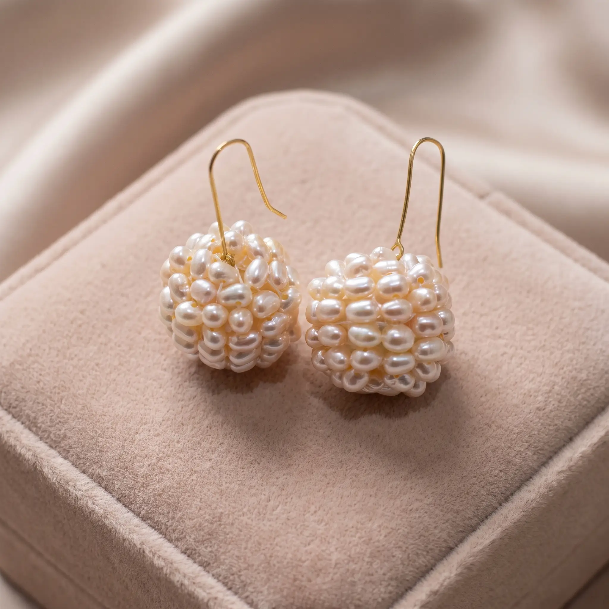 Boucles d'oreilles forme sphère en véritables perles d'eau douce et or 18K