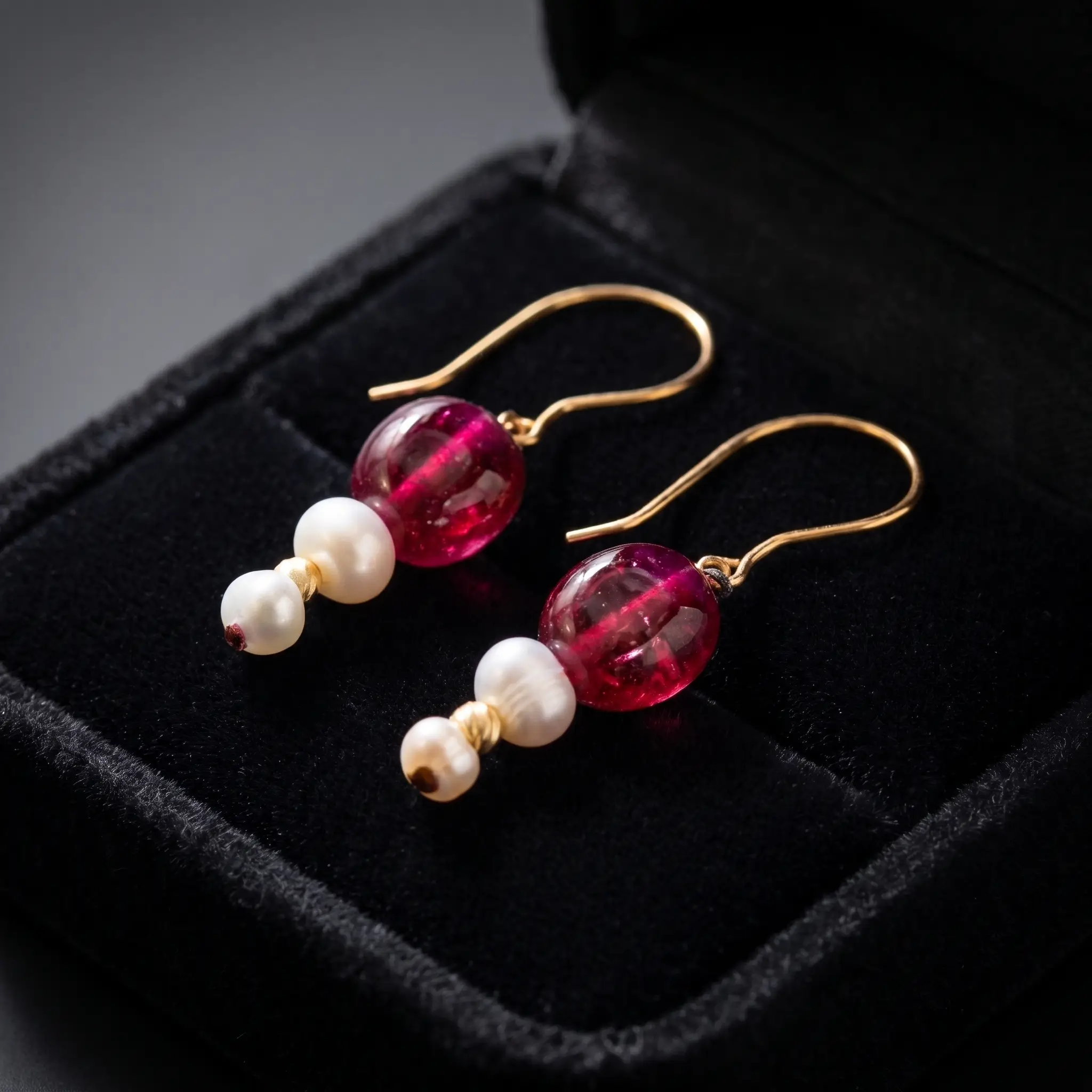 Boucles d'oreilles en or 18K avec pierre de tourmaline rouge et véritables perles d'eau douce