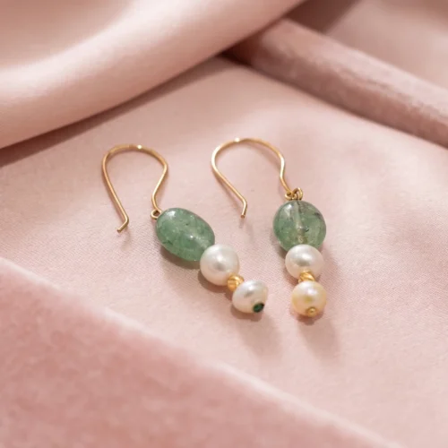 Boucles d'oreilles en or 18K avec pierre naturelle d'aventurine verte et perles d'eau douce
