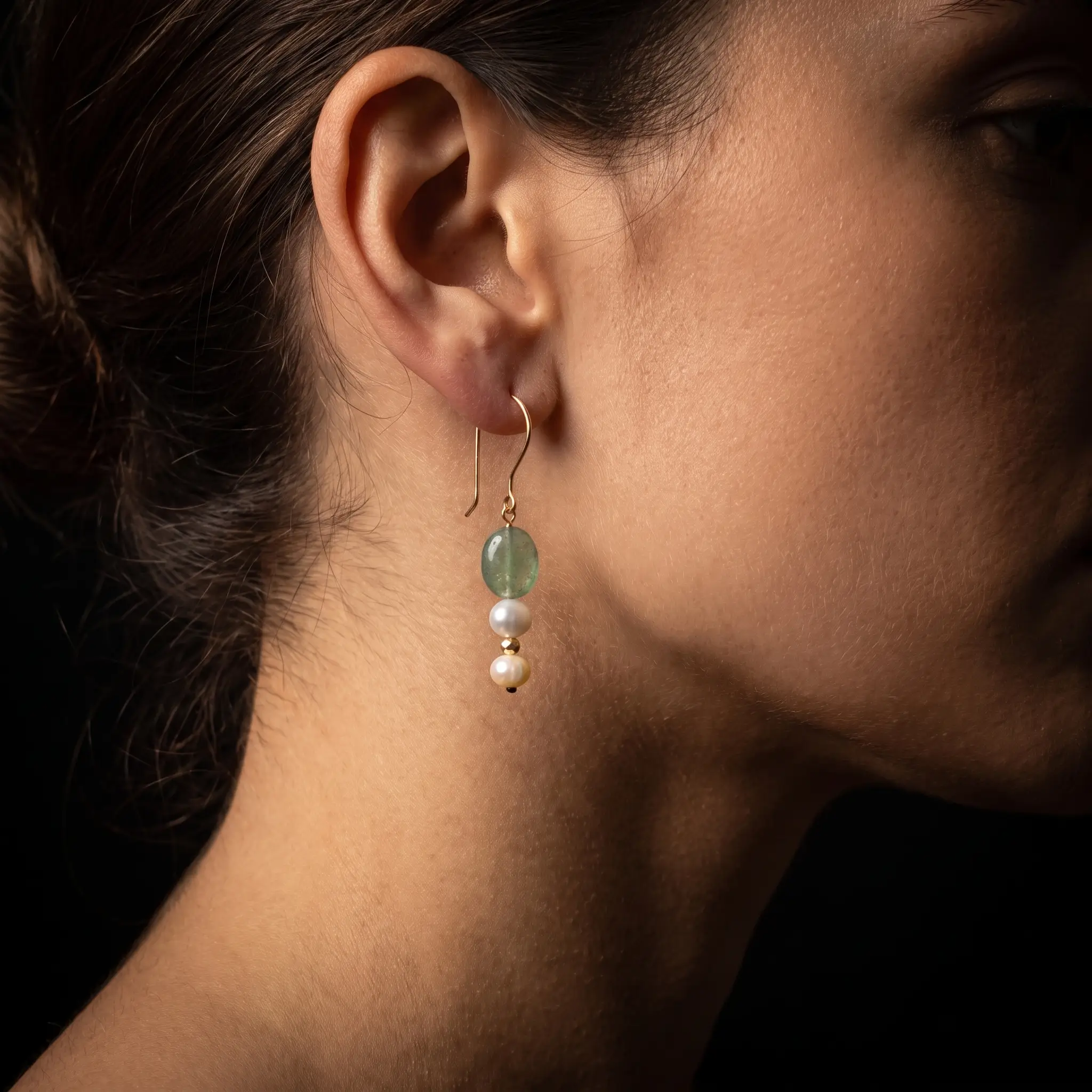 Boucles d'oreilles en or 18K avec pierre naturelle d'aventurine verte et perles d'eau douce