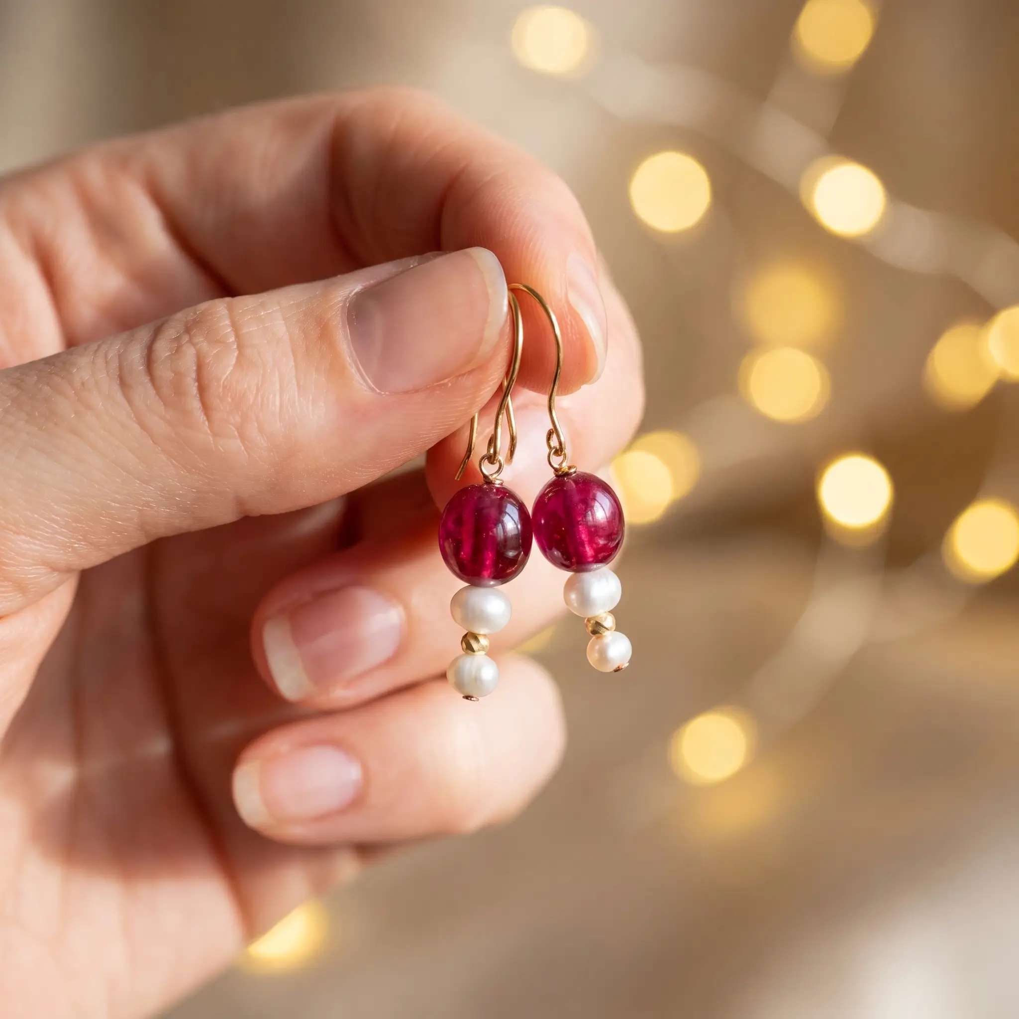 Boucles d'oreilles en or 18K avec pierre de tourmaline rouge et véritables perles d'eau douce