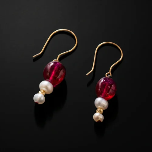 Boucles d'oreilles en or 18K avec pierre de tourmaline rouge et véritables perles d'eau douce