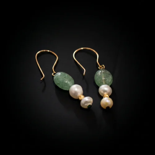 Boucles d'oreilles en or 18K avec pierre naturelle d'aventurine verte et perles d'eau douce