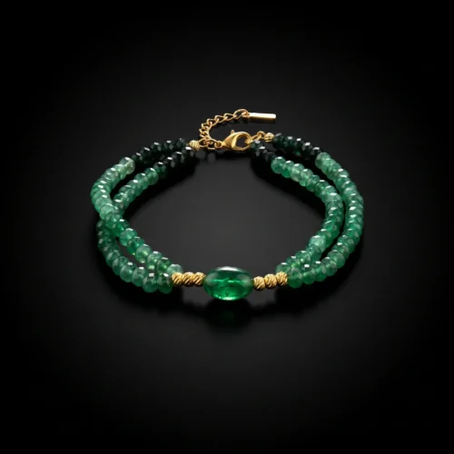 Bracelet double rang en émeraude synthétique et acier inoxydable doré