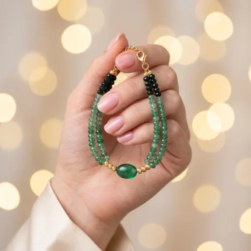 Bracelet double rang en émeraude synthétique et acier inoxydable doré