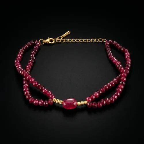 Bracelet double rang en rubis synthétique et acier inoxydable doré ScooBijou