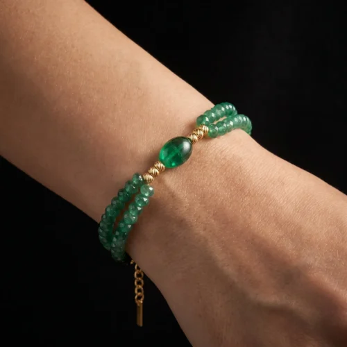 Bracelet double rang en émeraude synthétique et acier inoxydable doré
