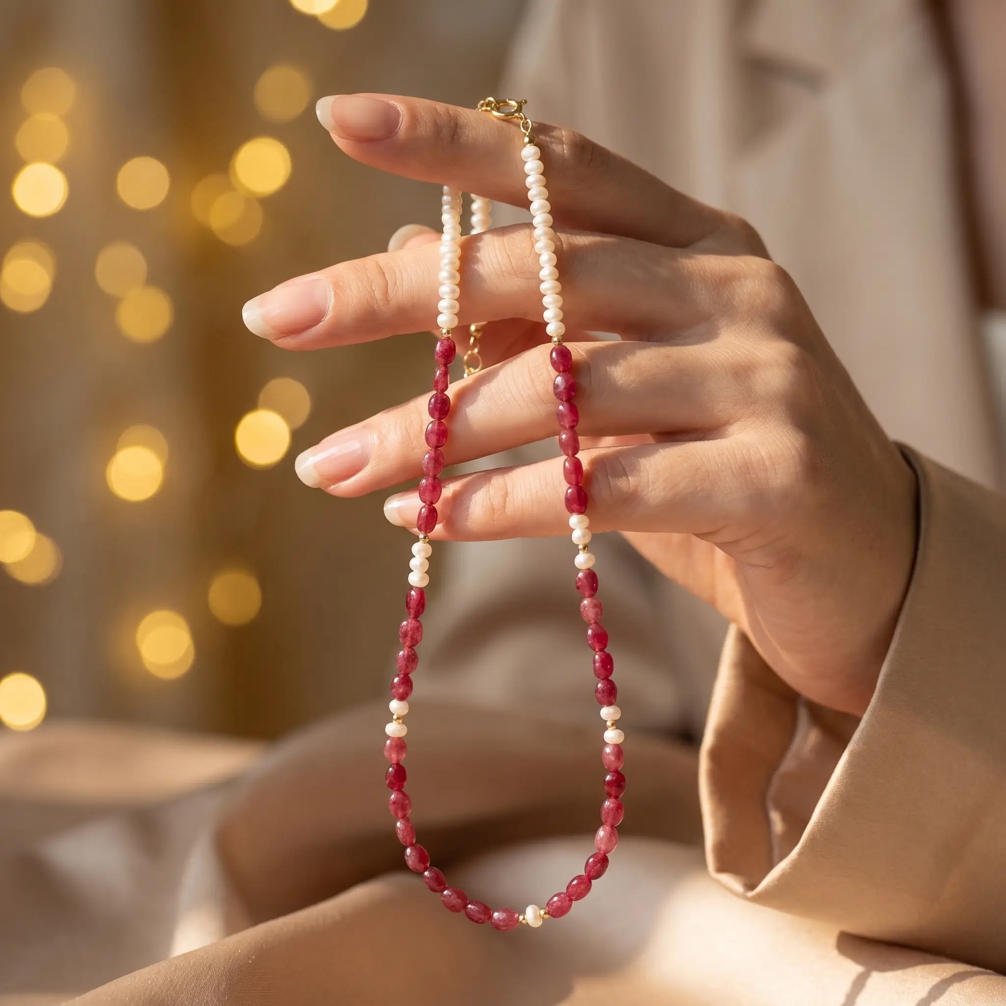 Collier asymétrique en or 18K avec pierre de tourmaline rouge et véritables perles d'eau douce