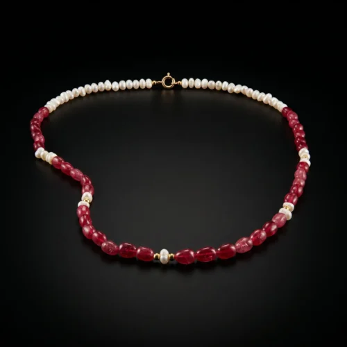 Collier asymétrique en or 18K avec pierre de tourmaline rouge et véritables perles d'eau douce
