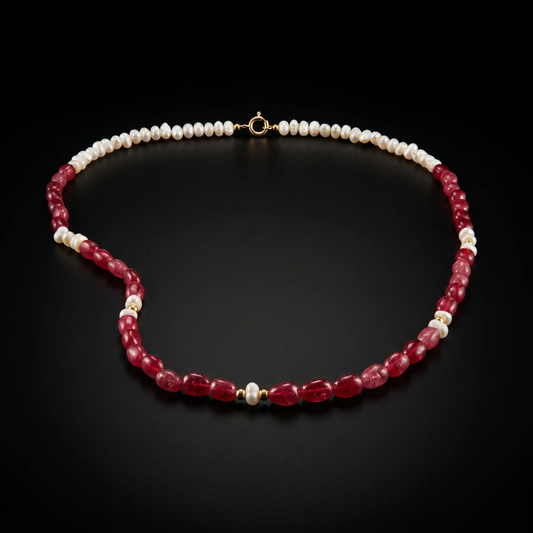 Collier asymétrique en or 18K avec pierre de tourmaline rouge et véritables perles d'eau douce