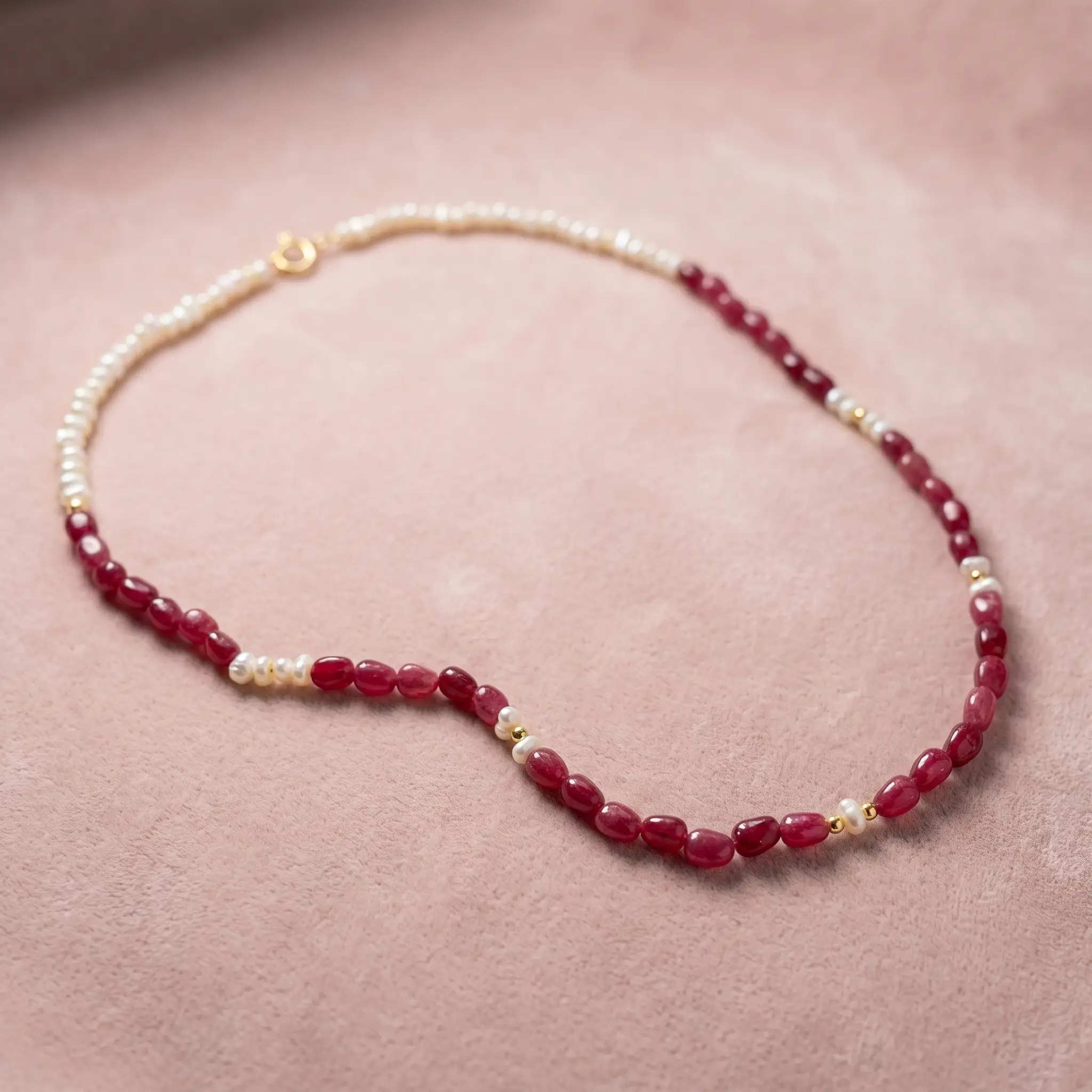 Collier asymétrique en or 18K avec pierre de tourmaline rouge et véritables perles d'eau douce